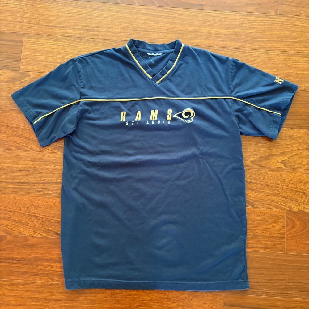 Vintage St Louis Rams NFL Navy Blue V-Neck T-Shirt Embroidered Logo Mens Large
